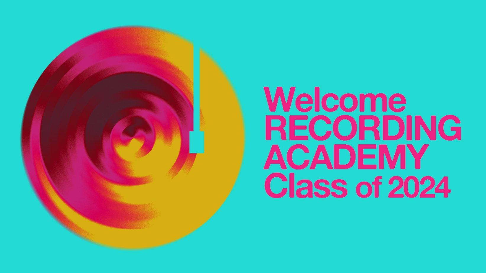 A graphic announcing the Recording Academy's 2024 New Member Class. The words "Welcome Recording Academy Class of 2024) are written in pink against a teal background and next to a design of a multicolored record player.